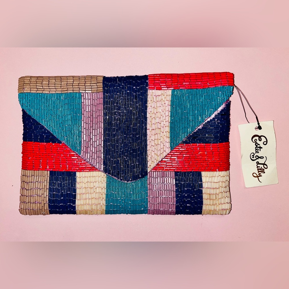 NWT Estee & Lilly Multicolor abstract Beaded Envelope Clutch